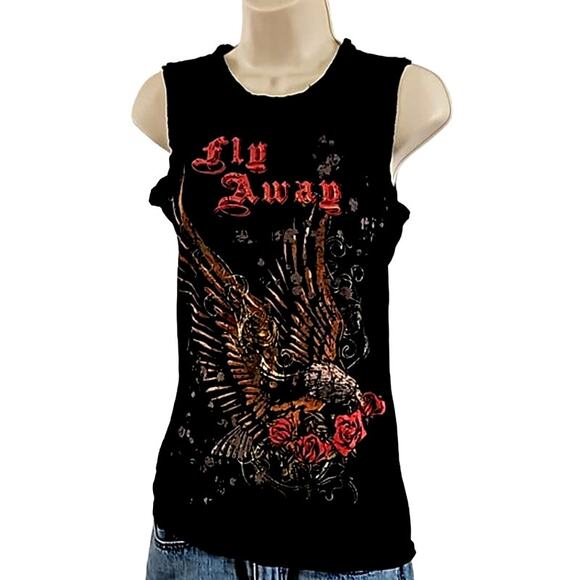 Excellent Twenty One Women’s Black Fly Away Graphic CutOff Sleeveless Tee Medium - Picture 3 of 5
